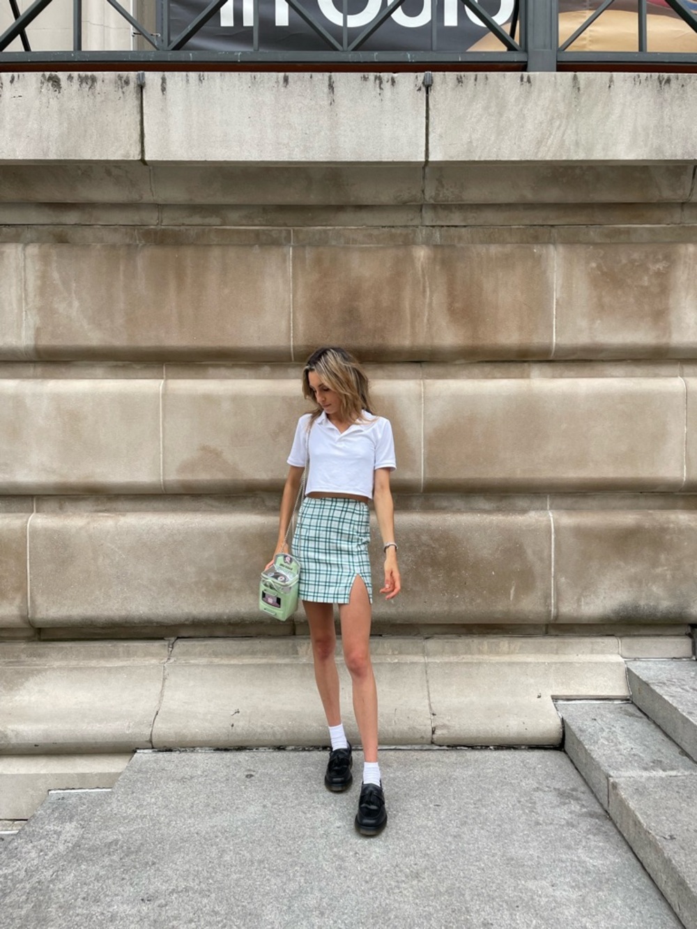 Green & White Plaid Mini Skirt with Side Slit